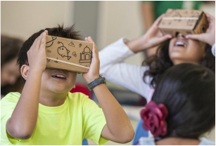 Students using Google Cardboard in the classroom photo